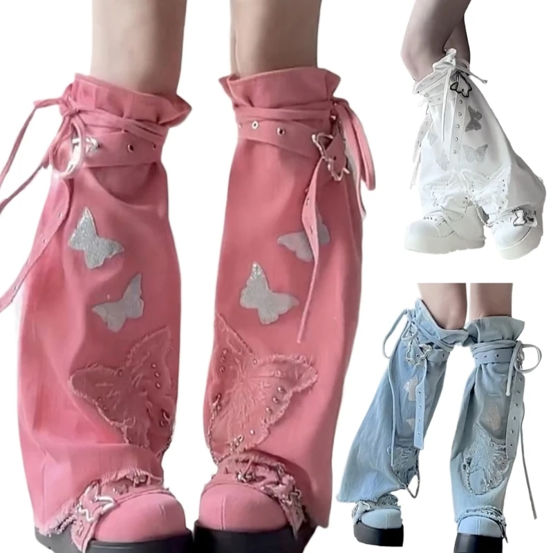 

Punk Butterfly Appliques Leg Warmer with Buckled Belt Harajuku Denims Long Sock