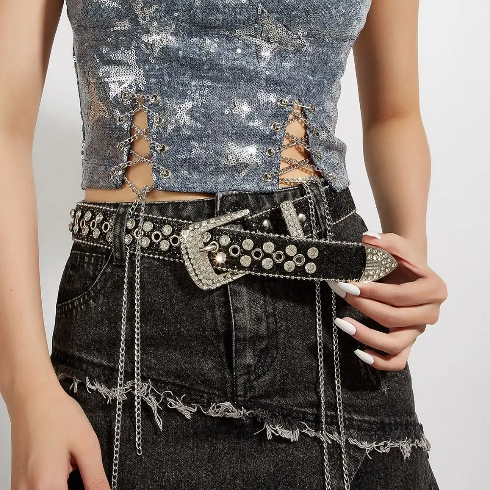 شخصية بو الجلود حجر الراين أحزمة سبائك الفضة Blingbling حزام دبوس مشبك Y2K حزام النساء