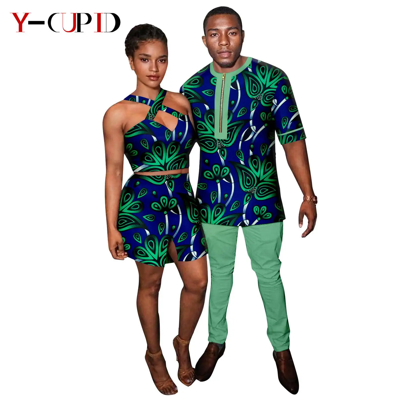 

Dashiki African Print Sexy Top and Skirt Sets for Women Matching Couples Clothes Men Outfit Bazin Shirt and Pant Sets 24C073