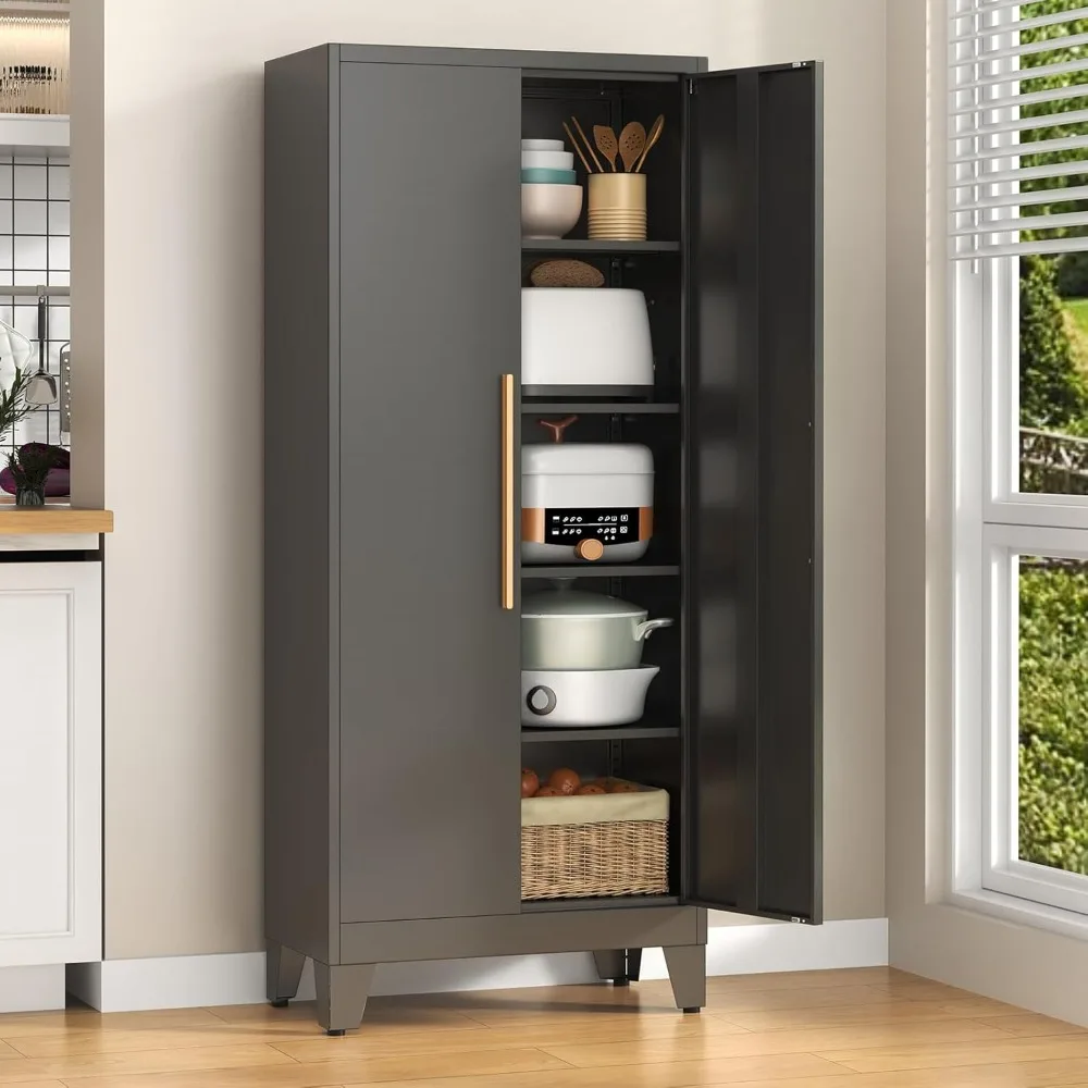 

Кухонный шкаф для кладовой, большой металлический шкаф для хранения вещей высотой 65,3 с 2 дверцами и 4 регулируемыми полками, широкий шкаф для