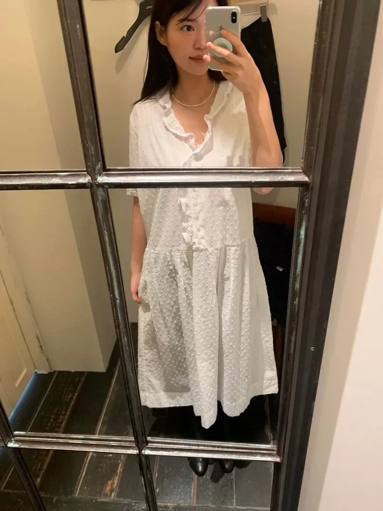 

Sweet Polka Dot Ruffle Sleeve Short Sleeve Shirt Dress Korean Style Loose Fit Cotton Skin-Friendly Breathable Women's Dress
