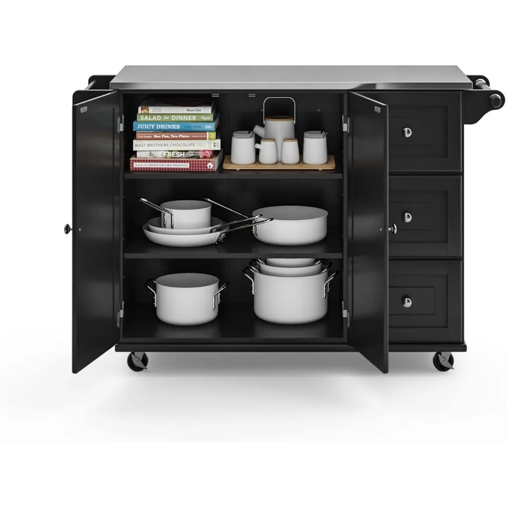 Kitchen Cart with Stainless Steel Metal Top, Rolling Mobile Kitchen Island with Storage and Towel Rack, 54 Inch Width, Black