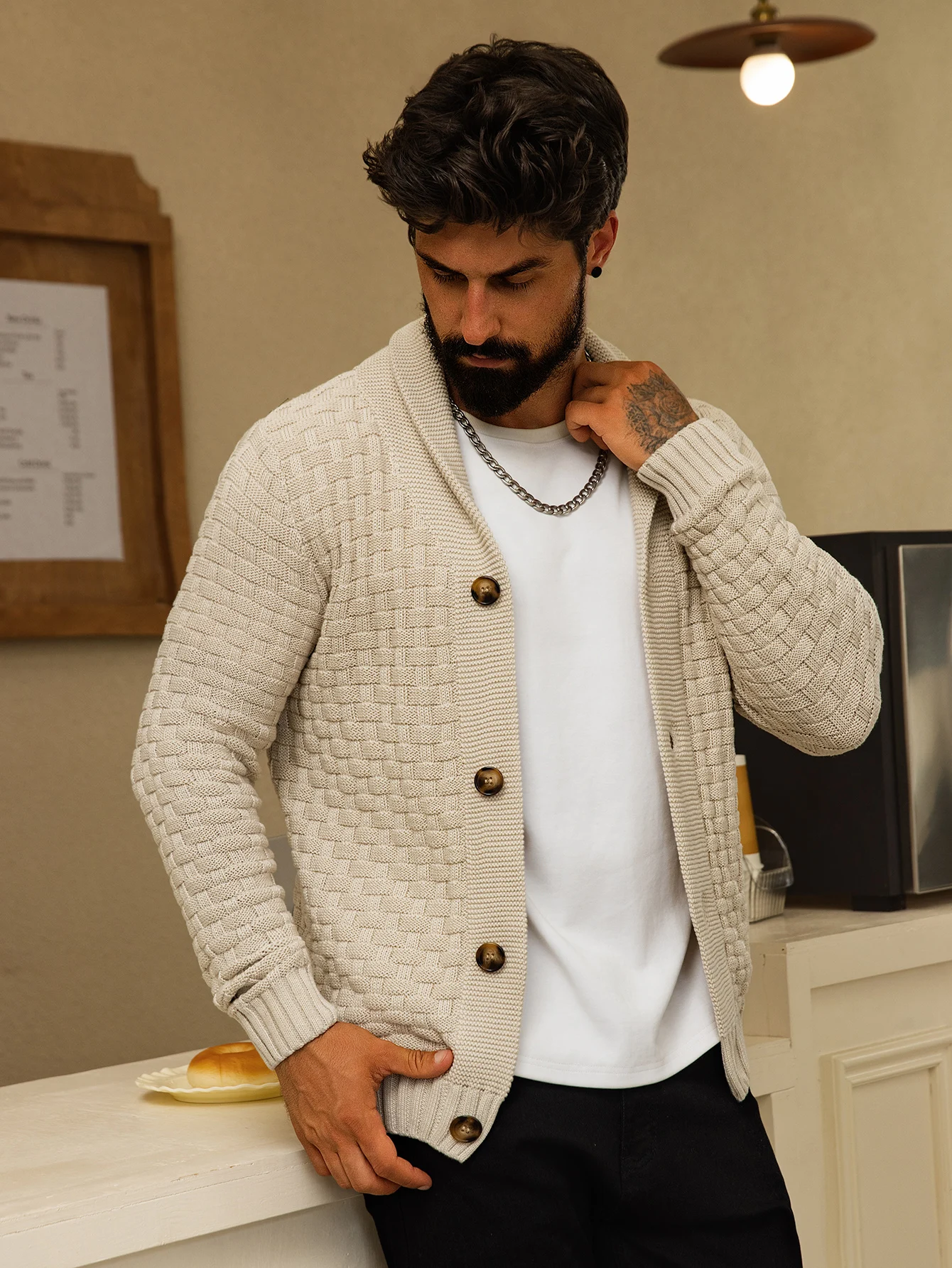 Men's Autumn Winter Cardigan Sweaters Warm Knitted Open Front Long Sleeve V-Neck Pullover in Solid Color for Men