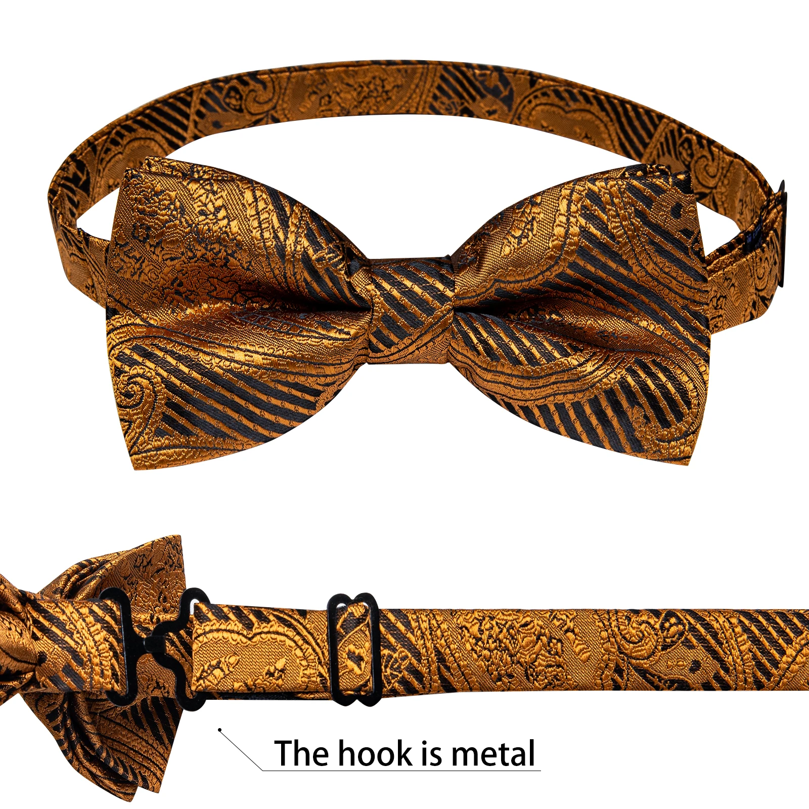 Klassisches schwarzes Herren-Fliege-Set mit Einstecktuch und Manschettenknöpfen – Paisley Gold Vorgebundene Fliege – Detail 34