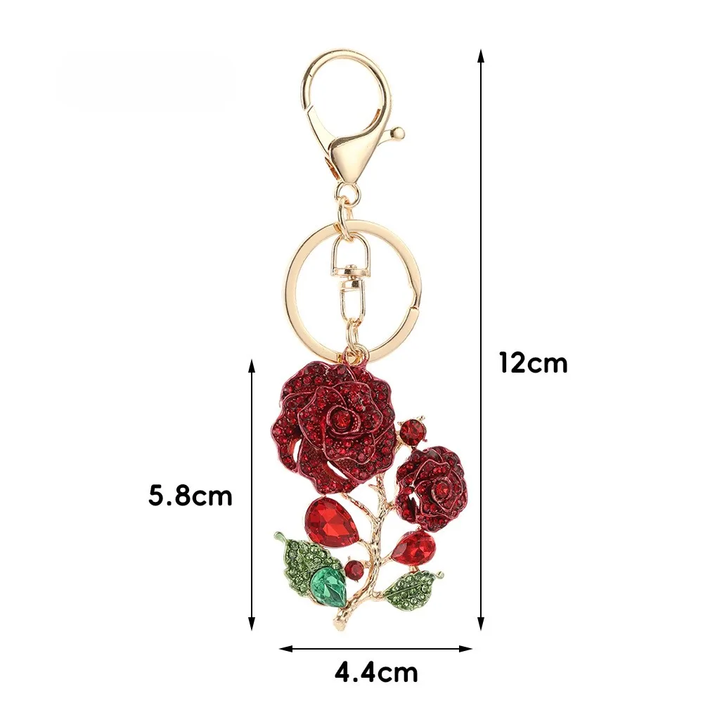 Kreativer Niedlicher Strass-Rosen-Autoschlüsselanhänger Damen-Taschenaccessoires Blumen-Metallanhänger Schmuckgeschenk – Detail 2