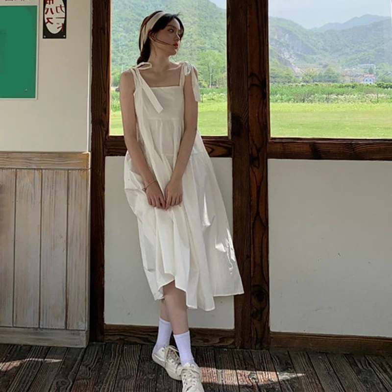 Japanese Style Sweet Spaghetti Strap Dresses Women Summer Sleeveless Loose Midi Dress Woman Preppy A Line Dress Mujer