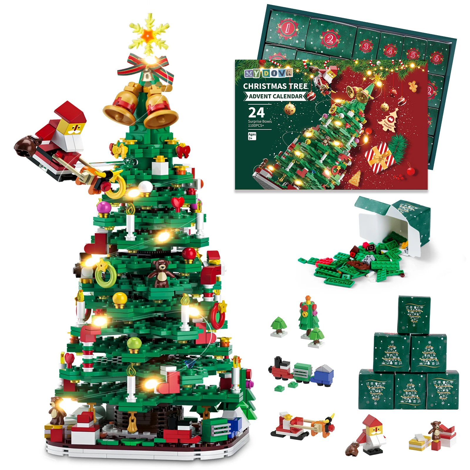 

Advent Calendar 2025 Christmas Tree Building Toy Set with LED light, Christmas Countdown Calendar, 24 Days Building Block for Ki