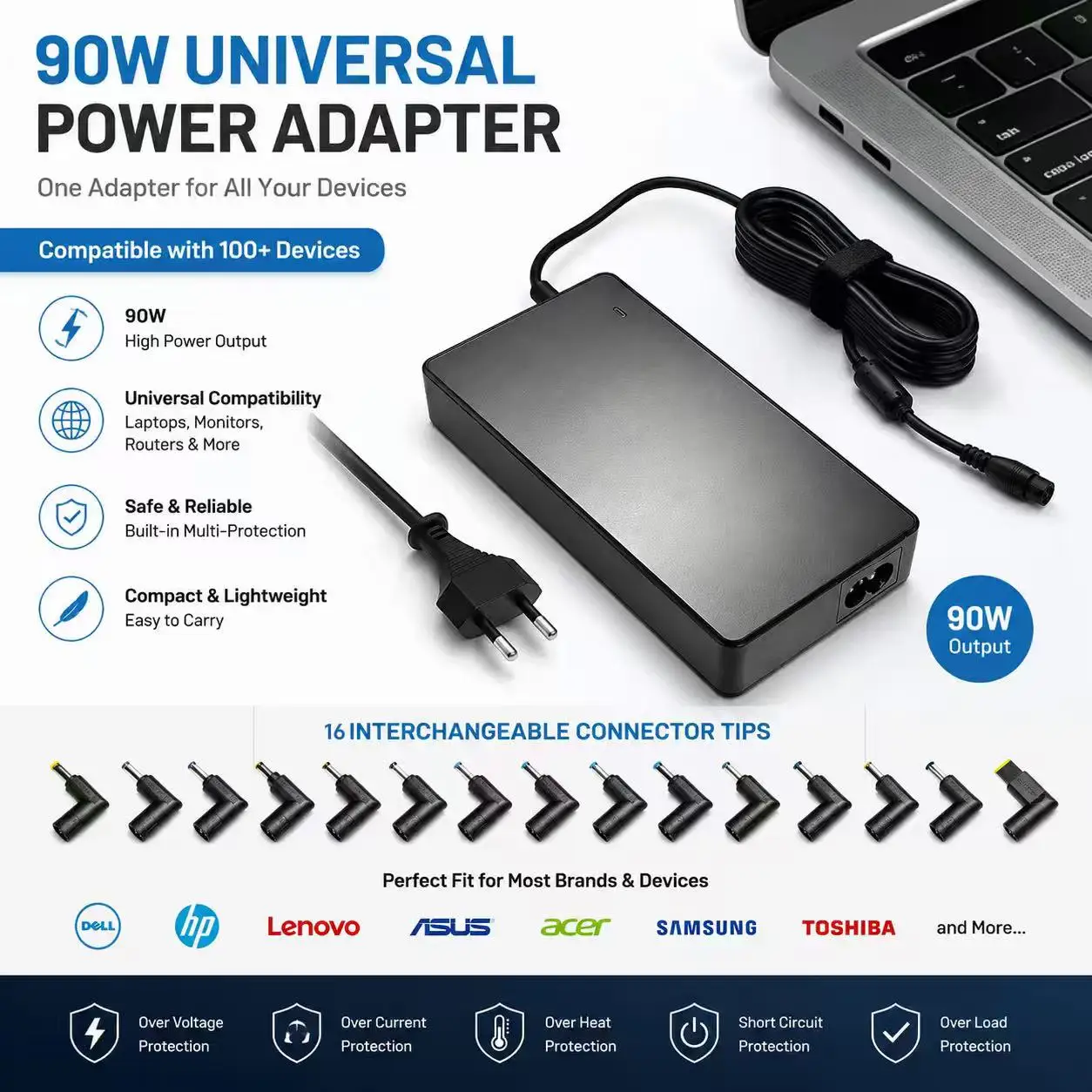 90W Universal Laptop Charger 16V-20V with EU Plug | Compatib