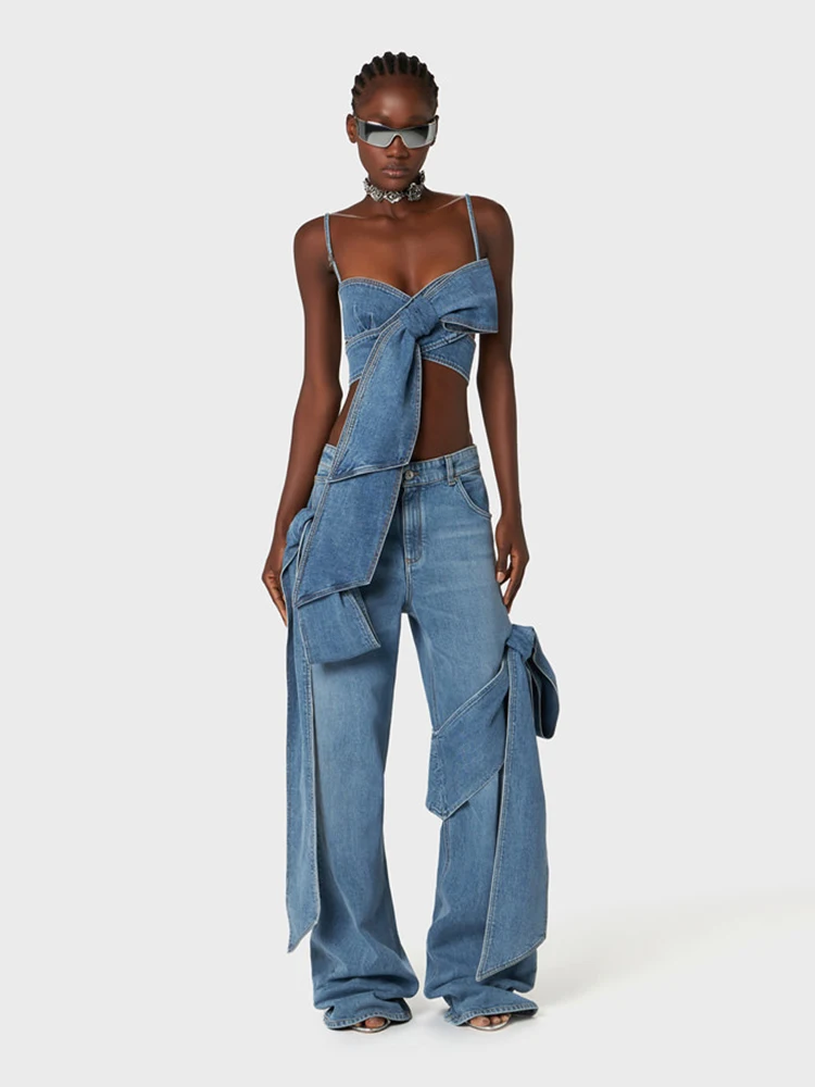 

Комплект VGH: Сексуальный и модный женский костюм из двух предметов – декоративный топ с завязками и джинсы с высокой талией прямого кроя