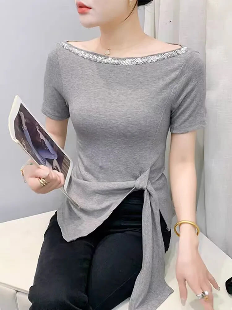 2025 New Arrival Shinny Silk Art T-shirt Spring Summer Woman Simple Short Sleeve Asymmetrical Solid High Street Bottoming Cotton