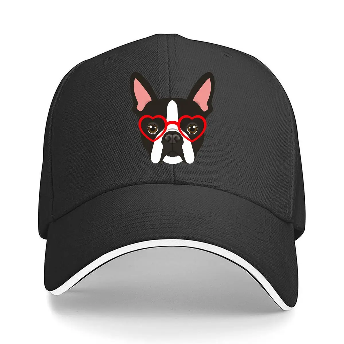 Boston Terrier With Red Heart Shaped Glasses Hip Hop hat Fashion Outdoor Sports Sandwich Baseball Cap