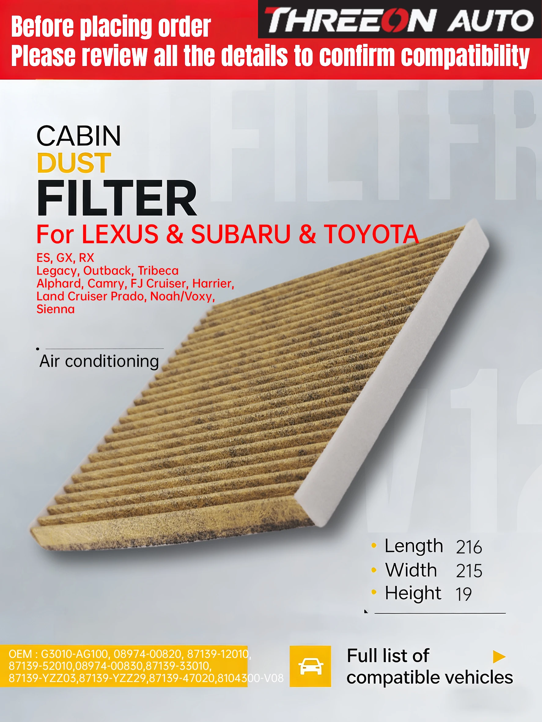 Für LEXUS ES GX RX TOYOTA Alphard I Camry V FJ Cruiser Windom G3010-AG100 TOC1060P Innenraumfilter 08974-00830 87139-33010