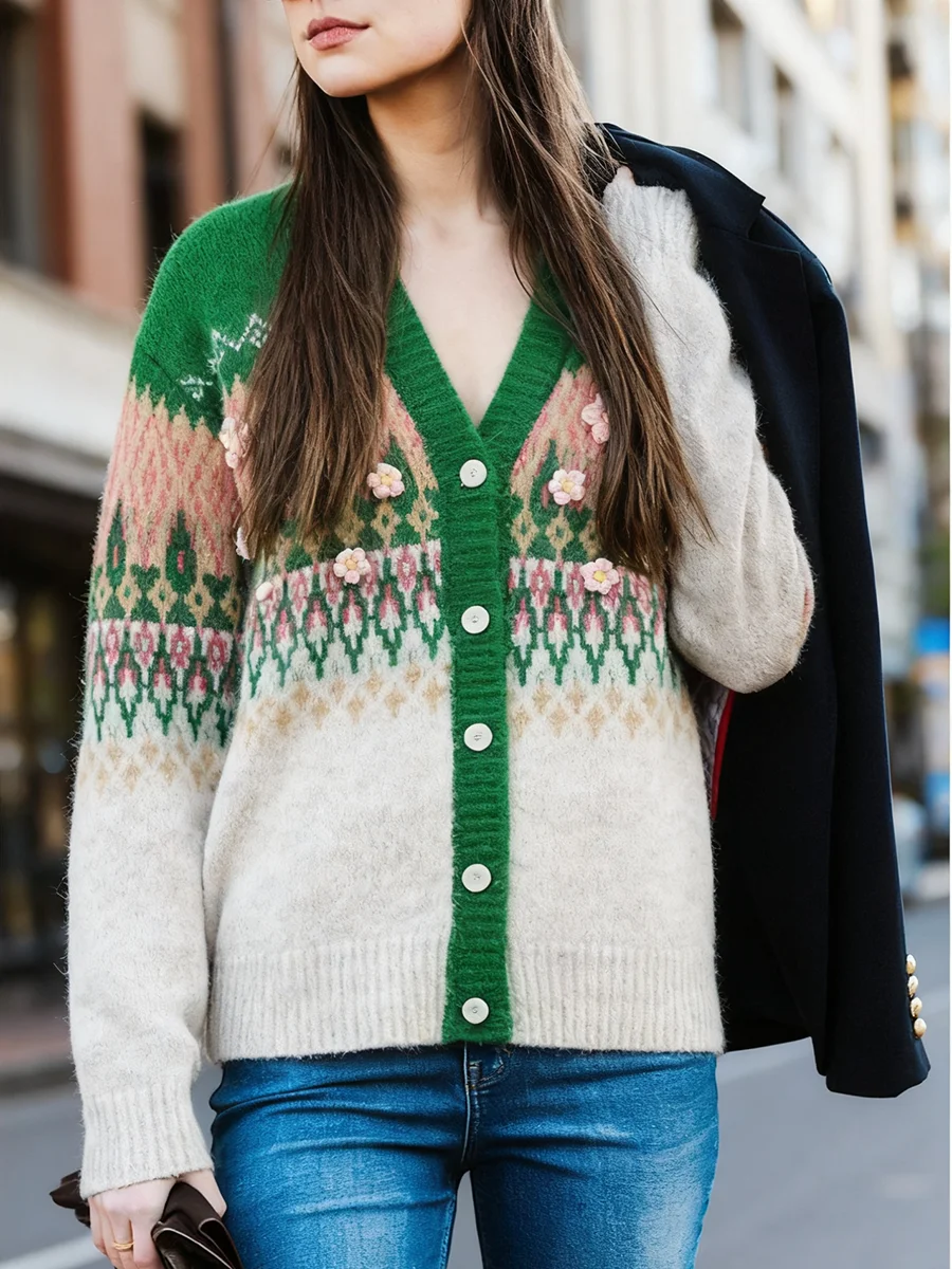 

Boho Isle Diamond Jacquard Knit Sweaters Cardigan Green Women Button Autunm Winter Long Sleeve Vintage Casual Ladies Jumper New