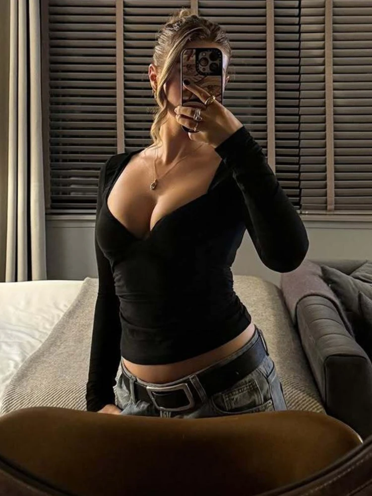 

FDYOUI 2026, сексуальные однотонные футболки с глубоким v-образным вырезом, уличная одежда Y2K, женская модная укороченная футболка с длинным рукавом, женские тонкие топы, футболки