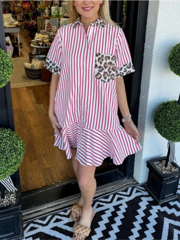 

Summer Casual Stripe Print Shirt Mini Dresses Women Fashion Lapel Button Short Sleeve Spliced ​​hem Short Loose Pocket Dress