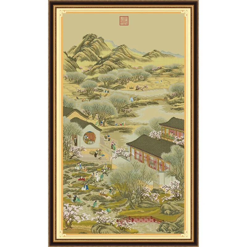 Ancient Chinese Landscape Cross Stitch Embroidery Kit Yongzheng Twelve Seasons Painting Cotton Thread Diy Needlework Decor