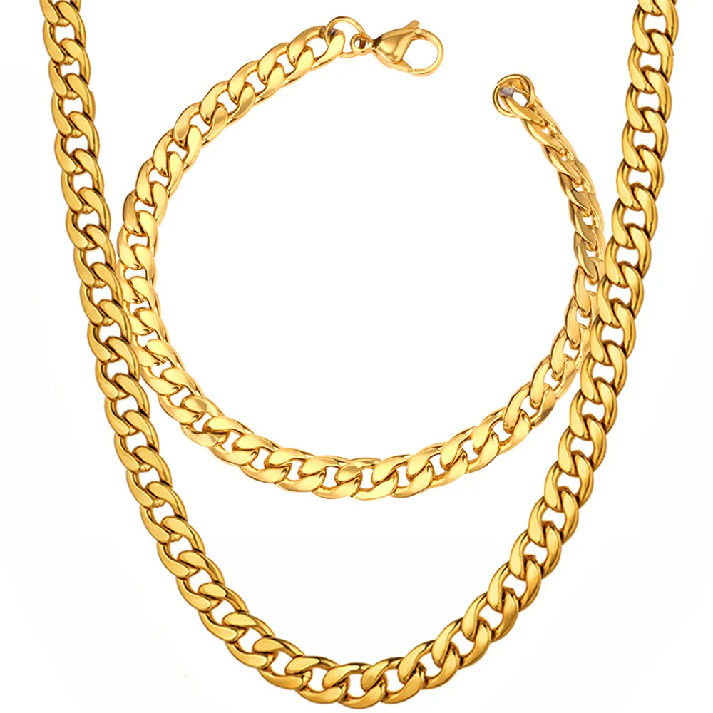 

Cuban Link Chain Set 7mm Male Gold Color Stainless Steel Necklace & Bracelet For Men Hip Hop Vintage Party Jewelry Set