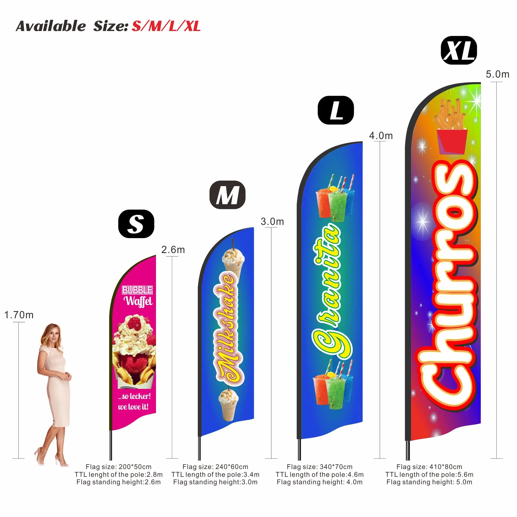 Feather Flag Beach Swoop Blade Knife Banner, Milk Shake, Ice Cream, Chamoyadas Granita Glace Churros Bubble Waffel, Custom Print