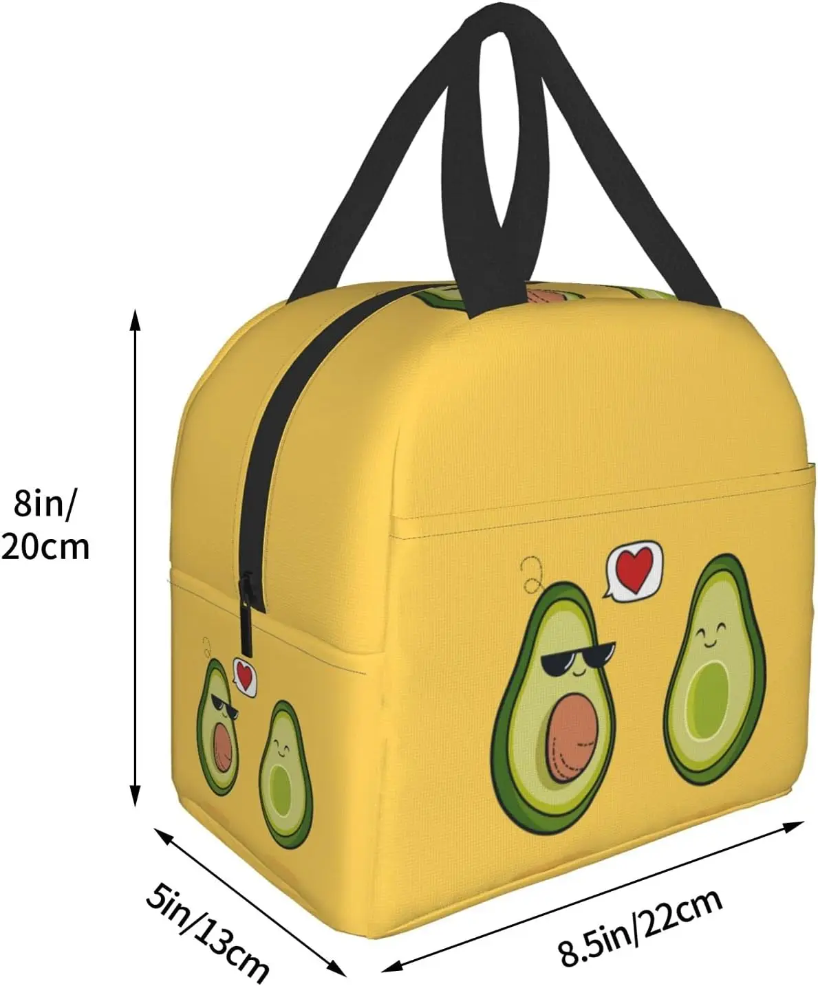 Caja de viaje con dibujos animados de aguacate divertido, bolsa de almuerzo negra, enfriador Bento de trabajo, bolsas de Picnic reutilizables, contenedor aislado, compras