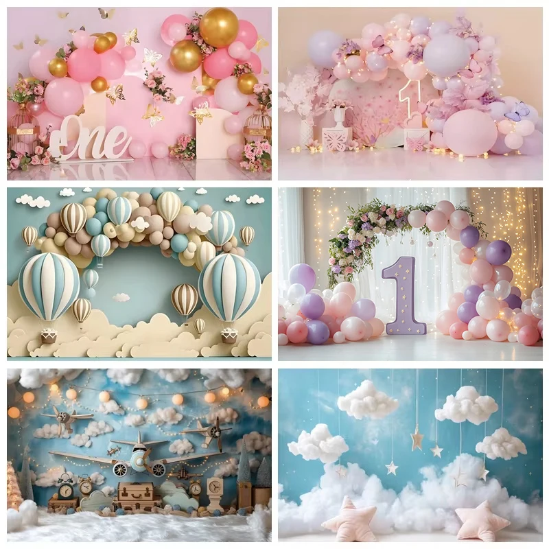 Neugeborenen-Porträt-Hintergrund 3D Luftballon-Wolke Jungen Mädchen Erster Geburtstag Cake Smash Party Deko Fotografie-Hintergrund Requisite