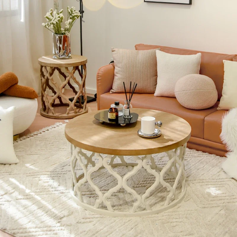 Creative American Round Coffee Table Retro Hollow Nordic Wooden Sofa Side Table Simple Living Room Corner Table Home Furniture