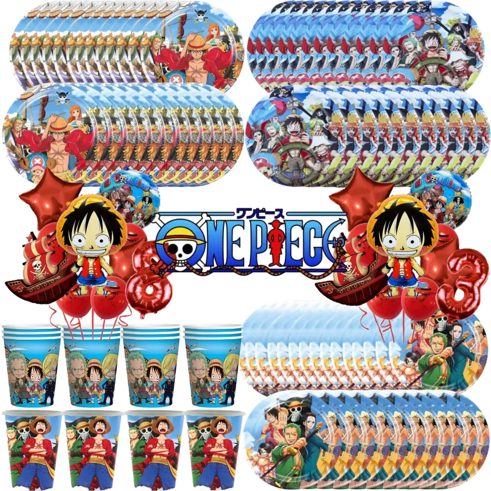 Juego de vajilla de una pieza con dibujos animados de One Piece, platos de 9 o 7 pulgadas, vasos, con números del 1 al 9, globo del barco pirata de Luffy para suministros de fiesta de cumpleaños