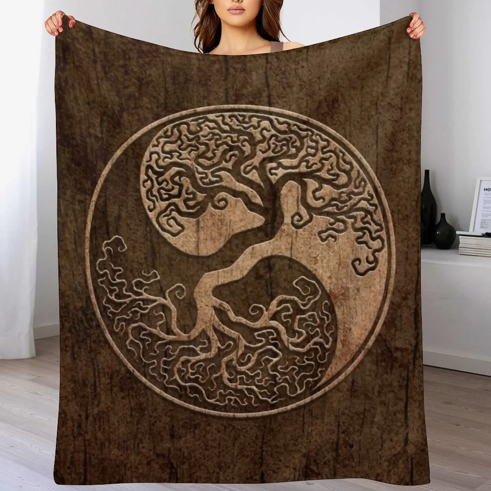 Rough Wood Grain Effect Tree of Life Yin Yang Throw Blanket Loose Furry For Sofa Thin Blankets