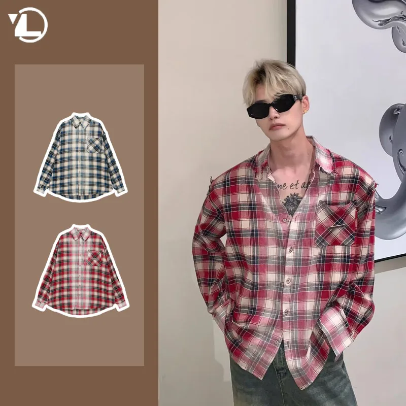 

American Street Trendy Mens Shirts 2024 Spring Autumn Retro Patchwork Lattice Long Sleeved Tops Daily Casual Lapel Shirt Jacket