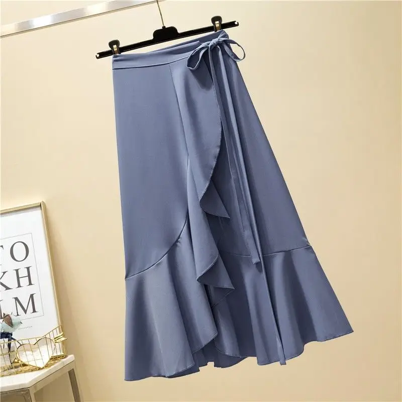 Elegant Fashion Ruffles Bandage Mermaid Skirt 2023 Summer New Office Lady Commute All-match High Waist Asymmetrical Midi Skirts