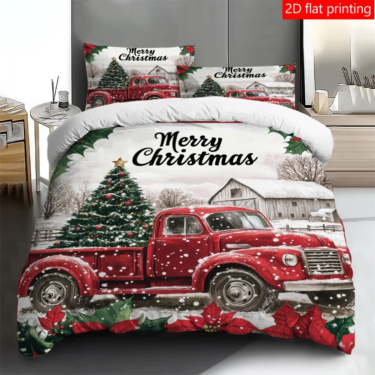 

3PCS Christmas car pattern printed Quilt Cover set, high-definition printed bedding set, 1 quilt cover +2 pillowcases without pi