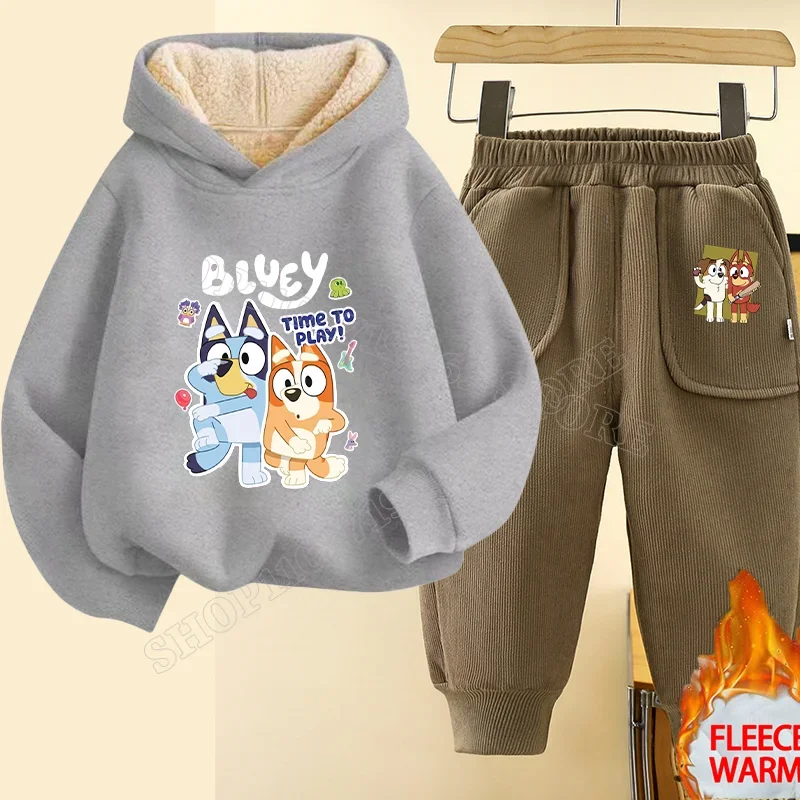 Bluey Bingo Child Winter Sweatshirts Pants Set Boy Girls Fleece Clothes Cartoon Anime Print Warm Comfortable Birthday Party Gift