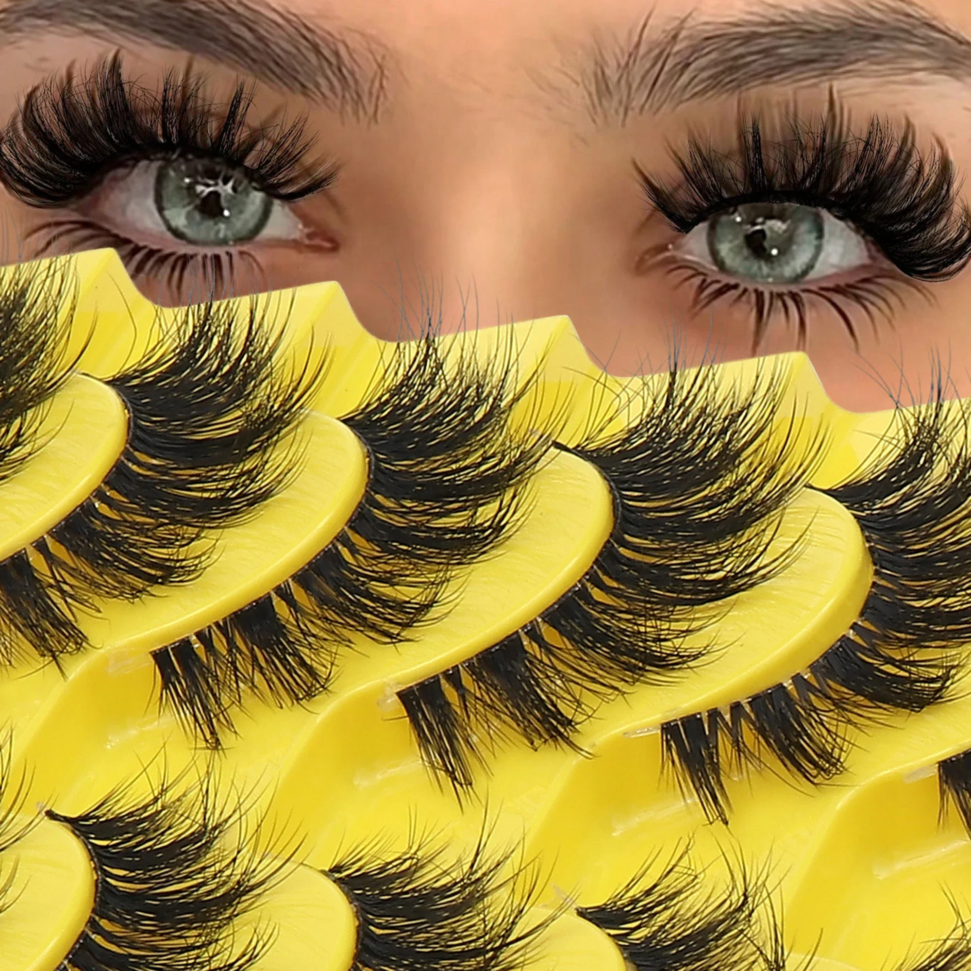 10 Pairs Clear Band Cat Eye False Eyelashes 3D Fluffy Voluminous Wispy Fake Lashes Reusable For European American Eye Makeup