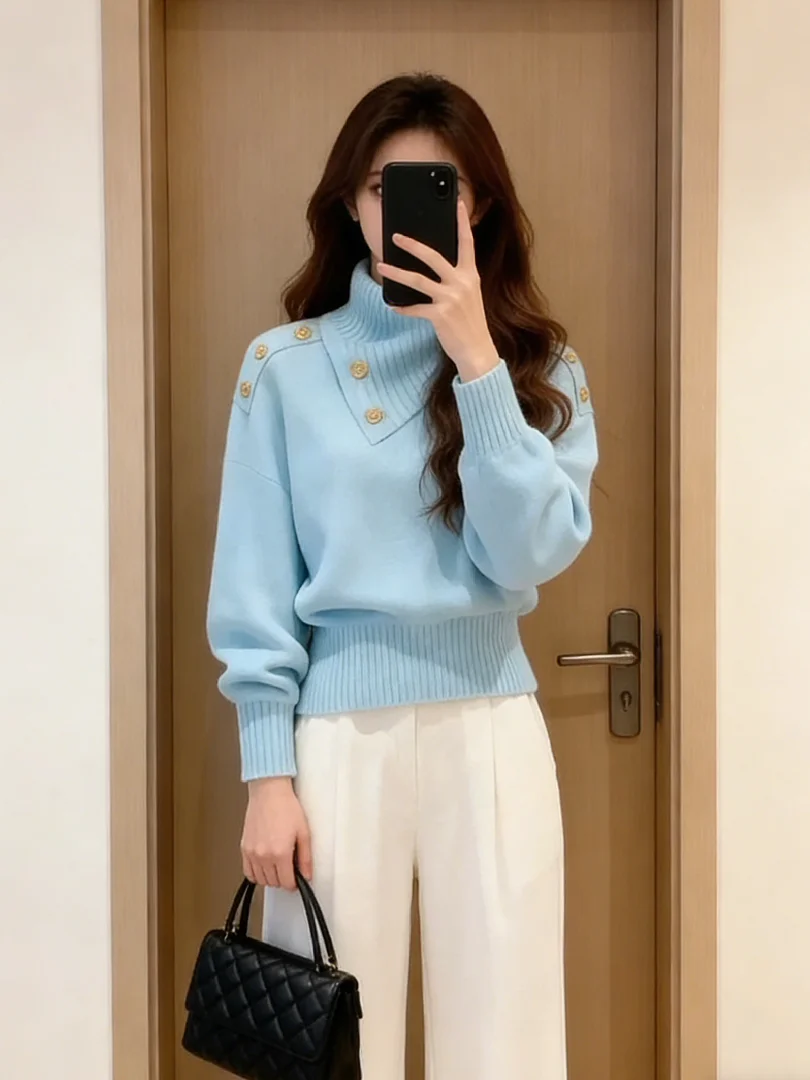 

Женский вязаный свитер Ele Light Maturi с высоким воротником, синий, универсальный топ свободного кроя, модный