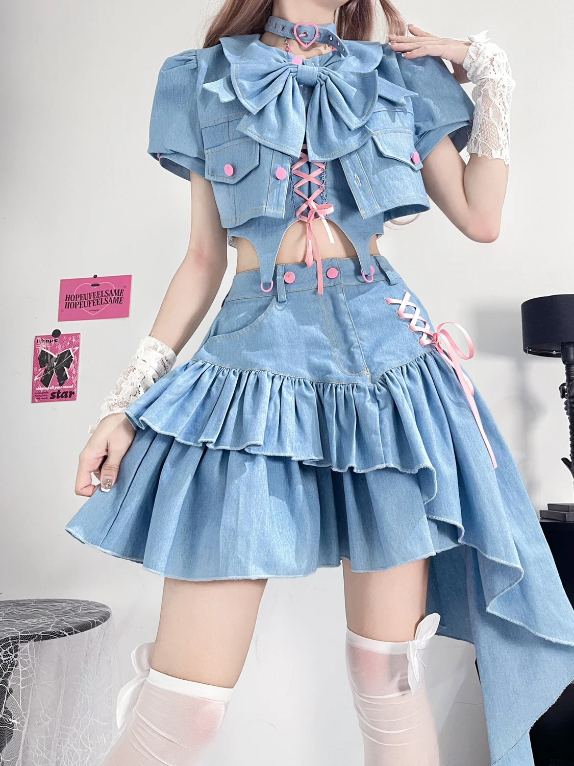 Y2K Kawaii Irregular Mini Denim Skirts Sets Korean Ruffle Bow Bandage Spaghetti Straps Puff Sleeves Tops Women Jeans Suits