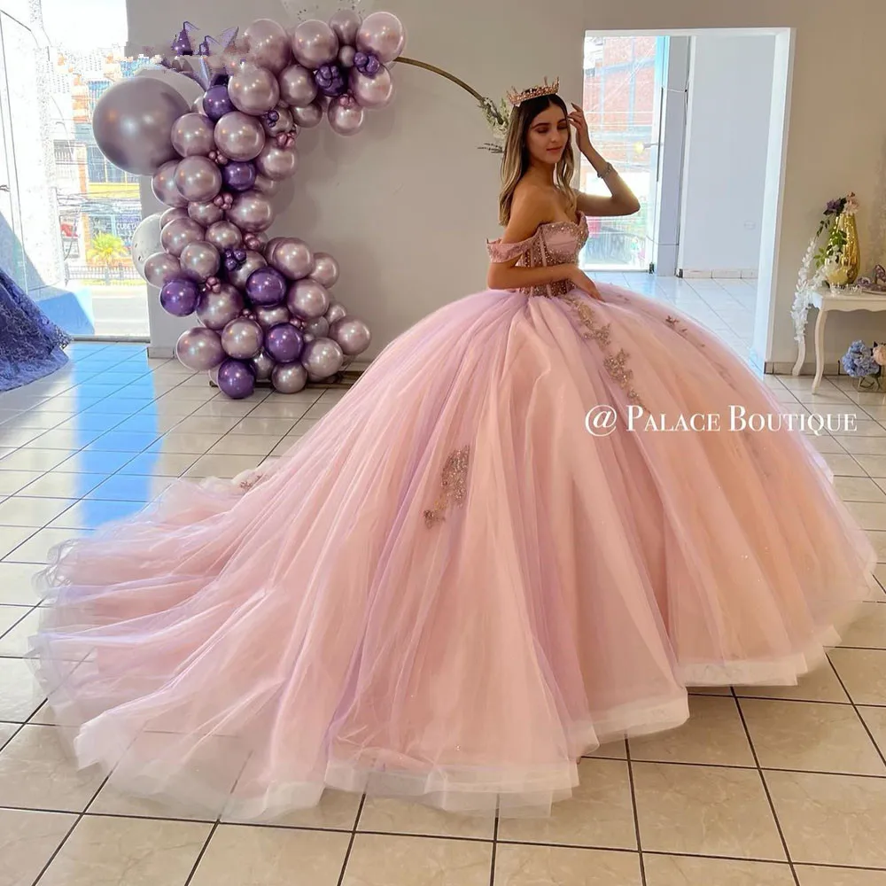 Vestido De quinceañera De princesa Rosa lavanda, hombros descubiertos, apliques brillantes, corsé con cordones, 15 Años, cumpleaños, graduación