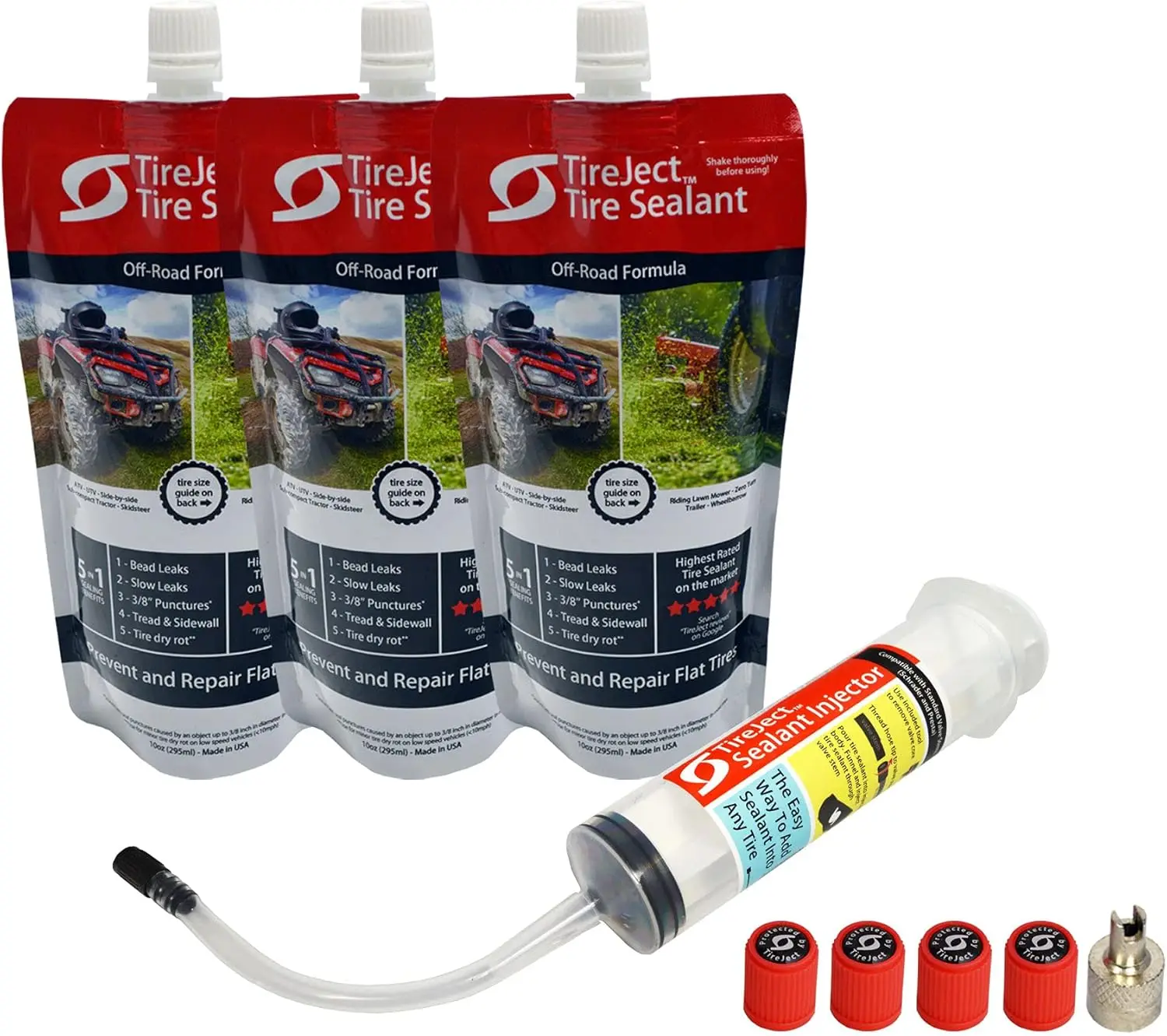 

5-in-1 Lawn Mower Tire Sealant Kit with Injector - Repair Punctures, Leaks, Dry Rot from Nails, Thorns