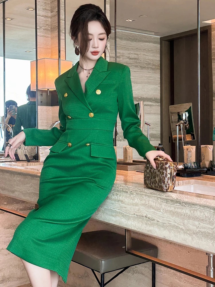 Elegant Fashion Midi Dress Women Clothing Professional Business Style Long Sleeve Double Breasted Robe Office Lady Work Vestidos
