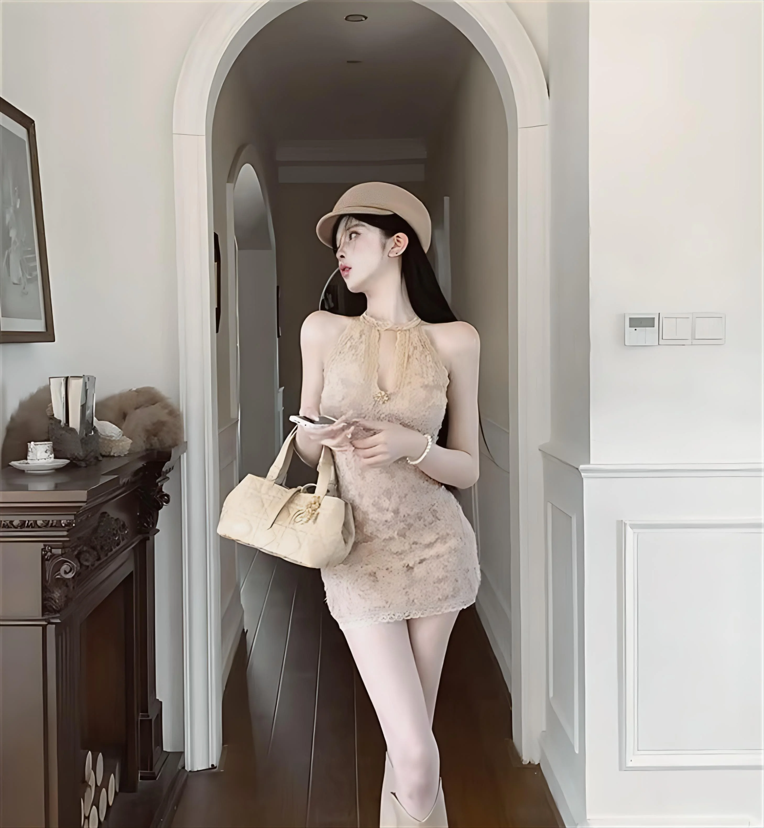 Dresses Womens Pink Spring Modal Ditsy Cropped Smocking Tied Waist H-Line Picnic Mori Pastoral Literary Artistic Gentle Soft Fit