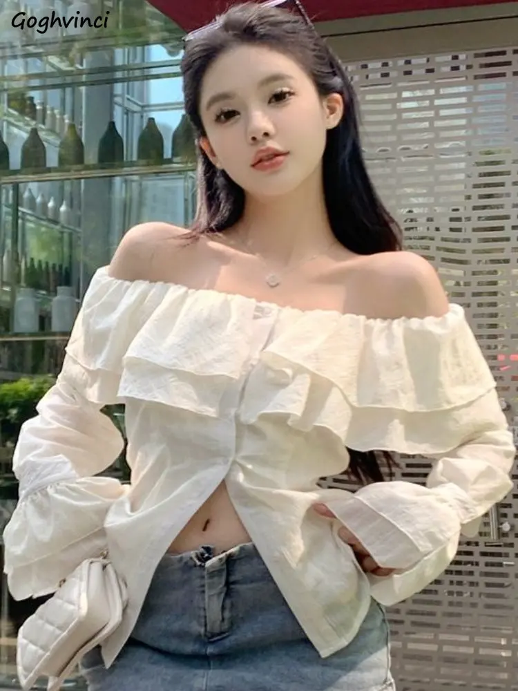 Slash Neck Shirts Women Graceful Ruffles Slim Hotsweet Simple Streetwear Spring Korean Style Flare Sleeve All-match Female New