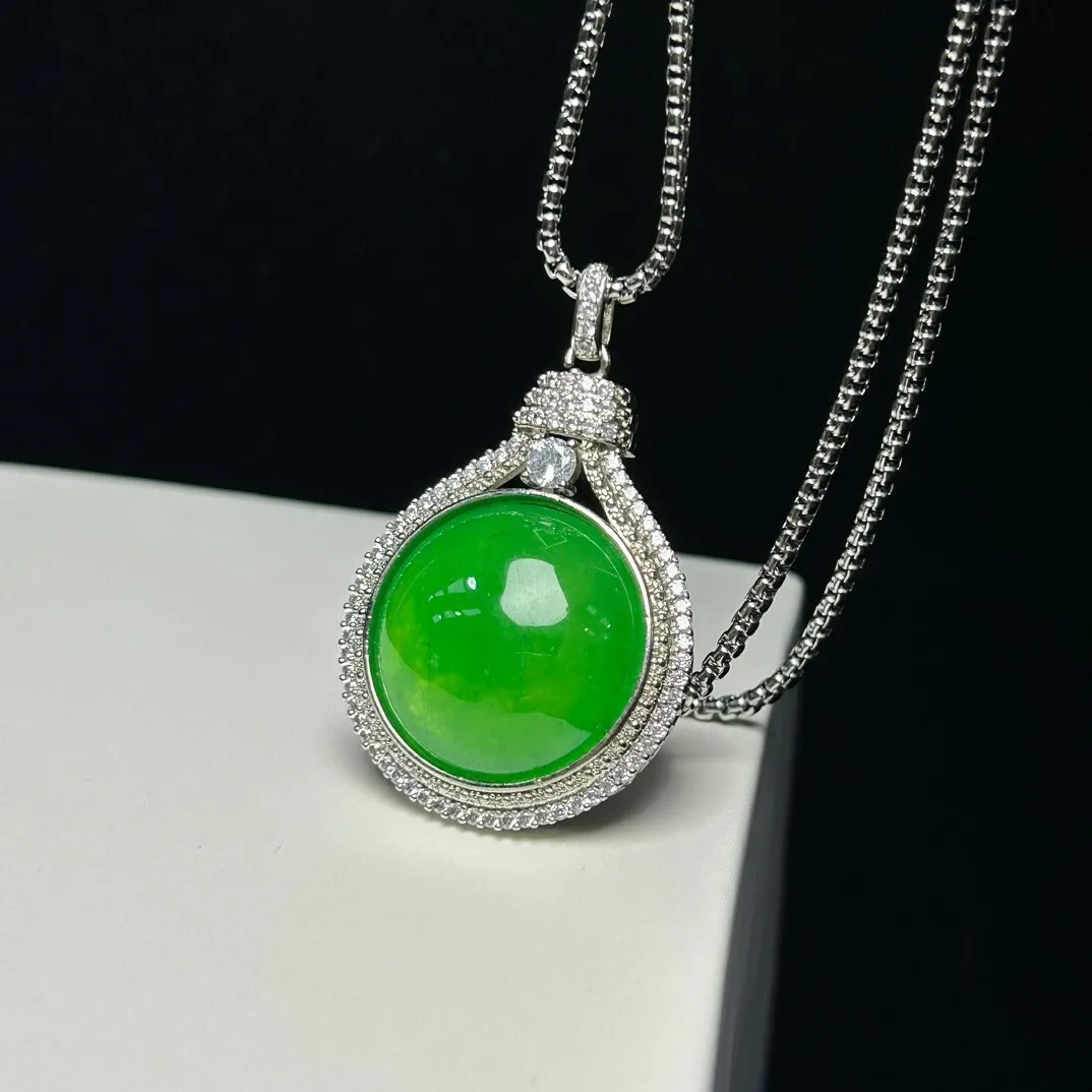 Nature ice green jade Jadeite Bread safety Buckle Pendant&Necklace