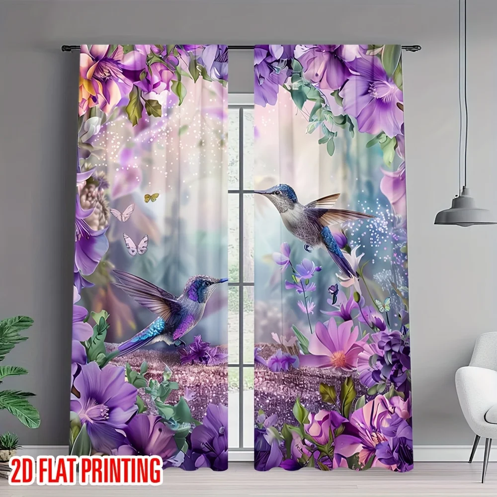 2pcs Purple Hummingbird Floral Blackout Curtains, Thermal Insulating Privacy Polyester with Rod Pocket for Bedroom Living Room