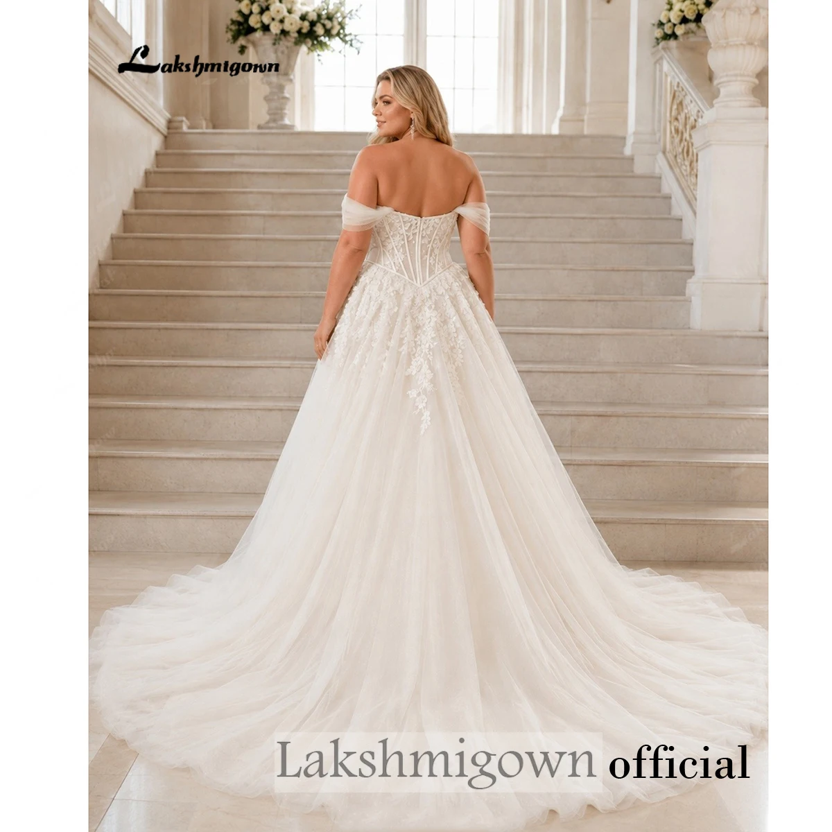 Lakshmigown Plus Size Off-Shoulder Hochzeitskleid mit Herzausschnitt, Korsett-Oberteil, 3D-Blumenapplikationen, Tüll-Ballkleid, maßgeschneidert – Detail 6