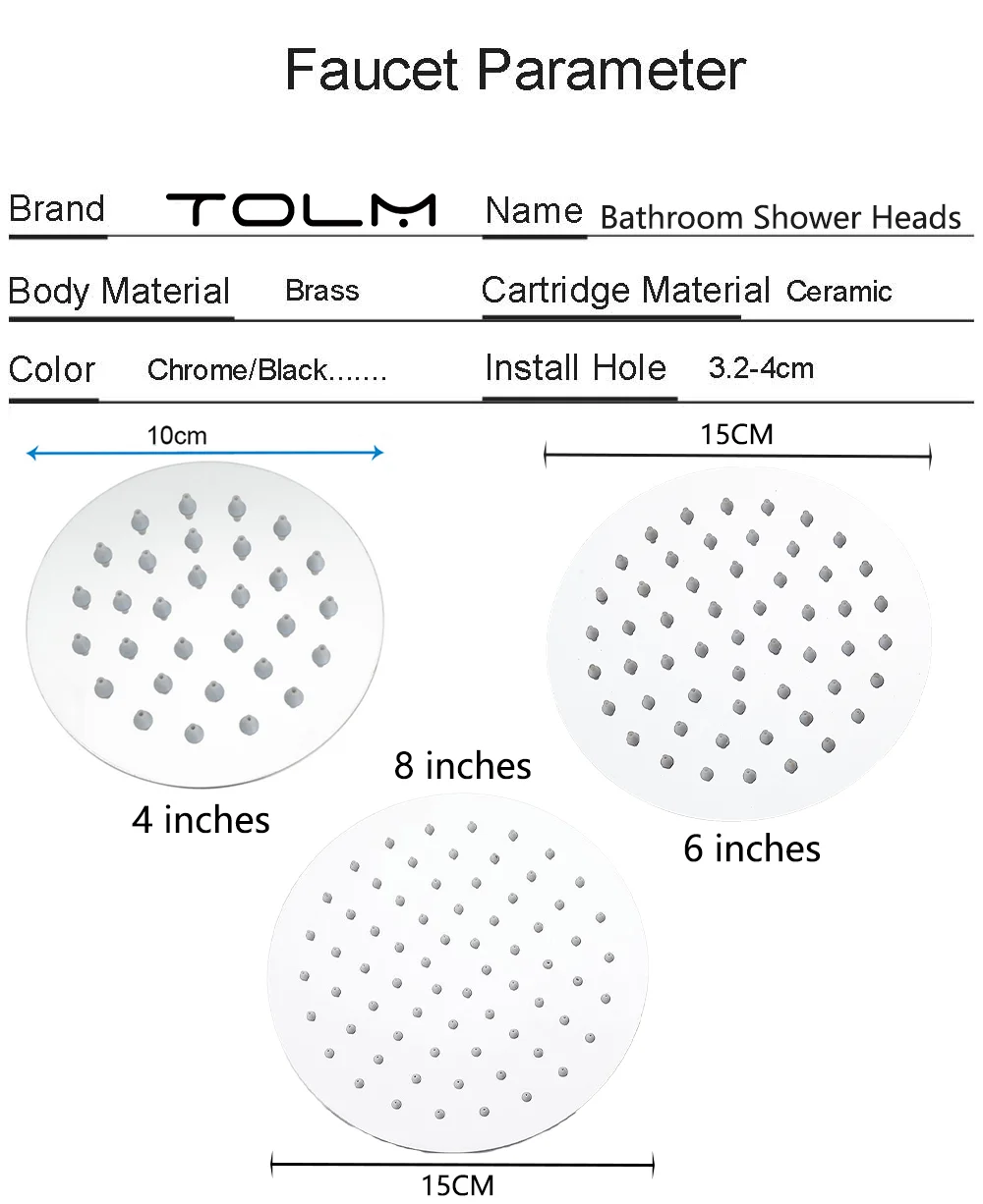 Tolm Stainless Steel Round Rainfall Shower Head Top Sprayer High Pressure Round Ultra-Thin Showerheads 4/6/8 Inch Chrome Finish