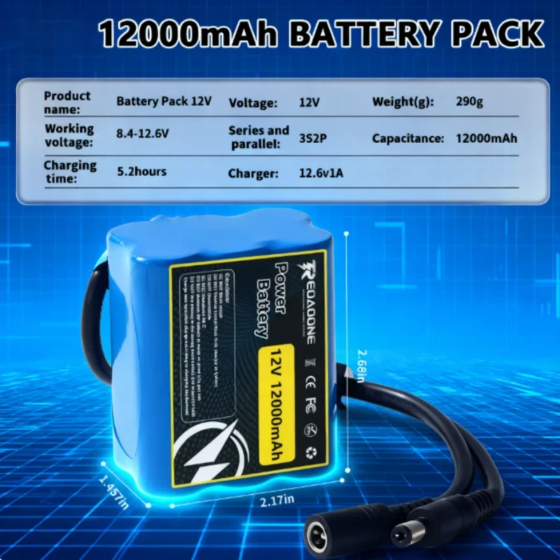 New Upgrade 12V 12000mAh Li-ion Battery 3S2P with Protection Board & Charger for DIY Projects, LED Strip, Toy Car, CCTV Camera