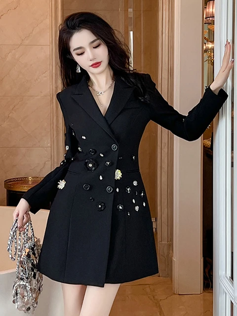 Exquisito abrigo de traje negro de lujo para mujer chaqueta de negocios profesional para mujer ropa de abrigo para fiesta Tops franceses con lentejuelas de diamantes y flores OL AliExpress