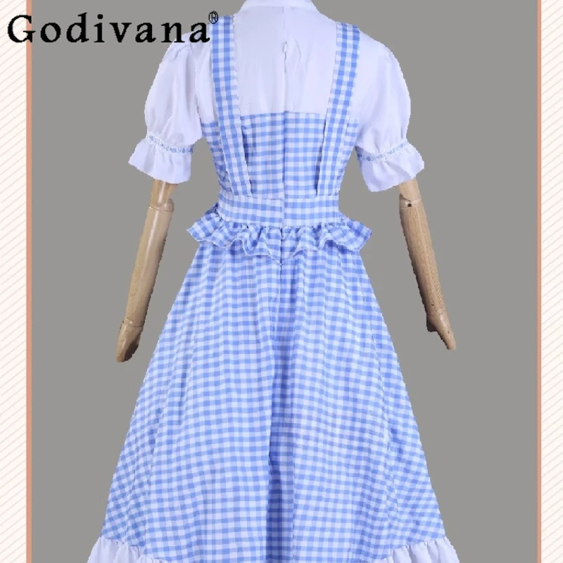 小さな女の子のための衣装ブルー格子ロリータ素朴なスタイルの女性のサマードレスフェスティバル制服ロールプレイングロングドレス