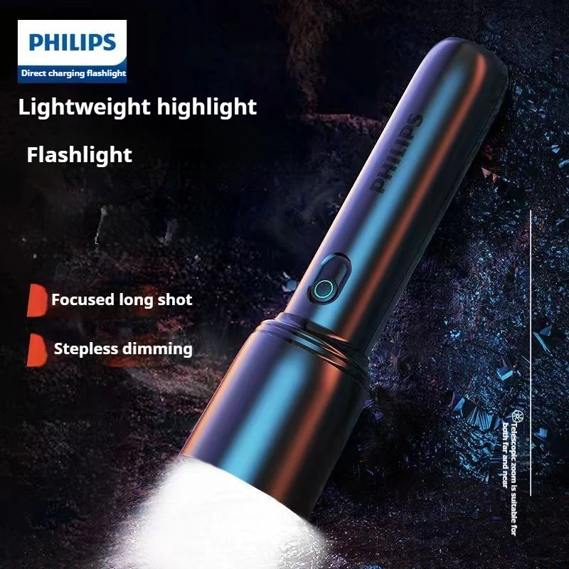 Philips  Optical Zoom Flashlight Type-C Portable Flashlight With 4 Lighting Modes For Self Defense Camping Torch Light