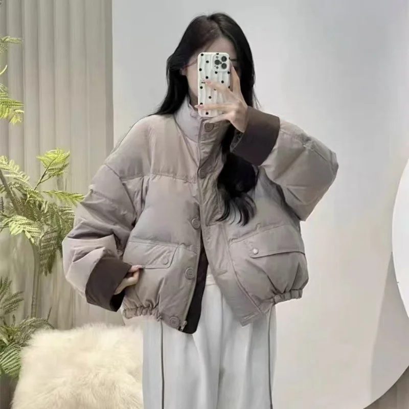 Oversized kort donsjack met contrasterende kleur voor dames 2025, nieuwe wintermode, veelzijdige pufferjas, verdikt