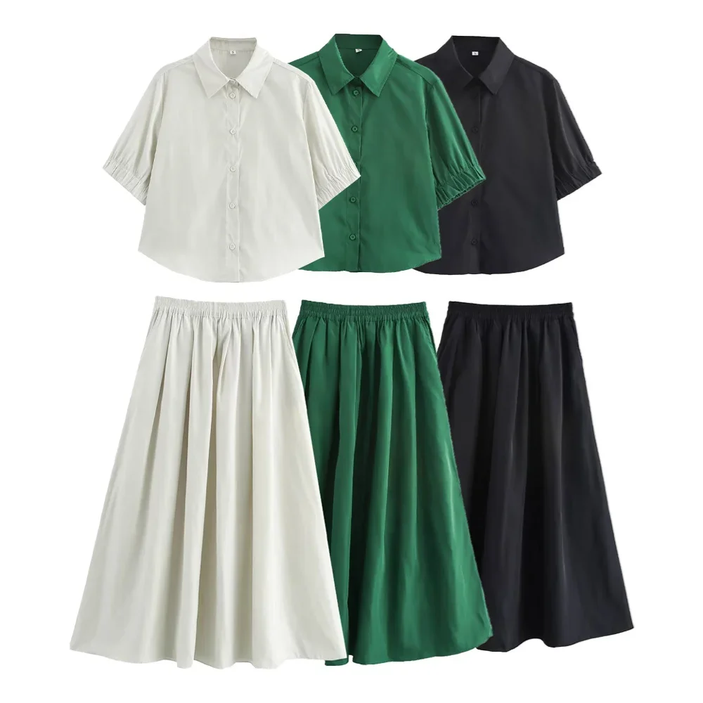 Pop Summer New Product Women's Fashion Casual Collar Short Sleeve Tri Color Short Shirt Wide Swing Midi Half Skirt Set