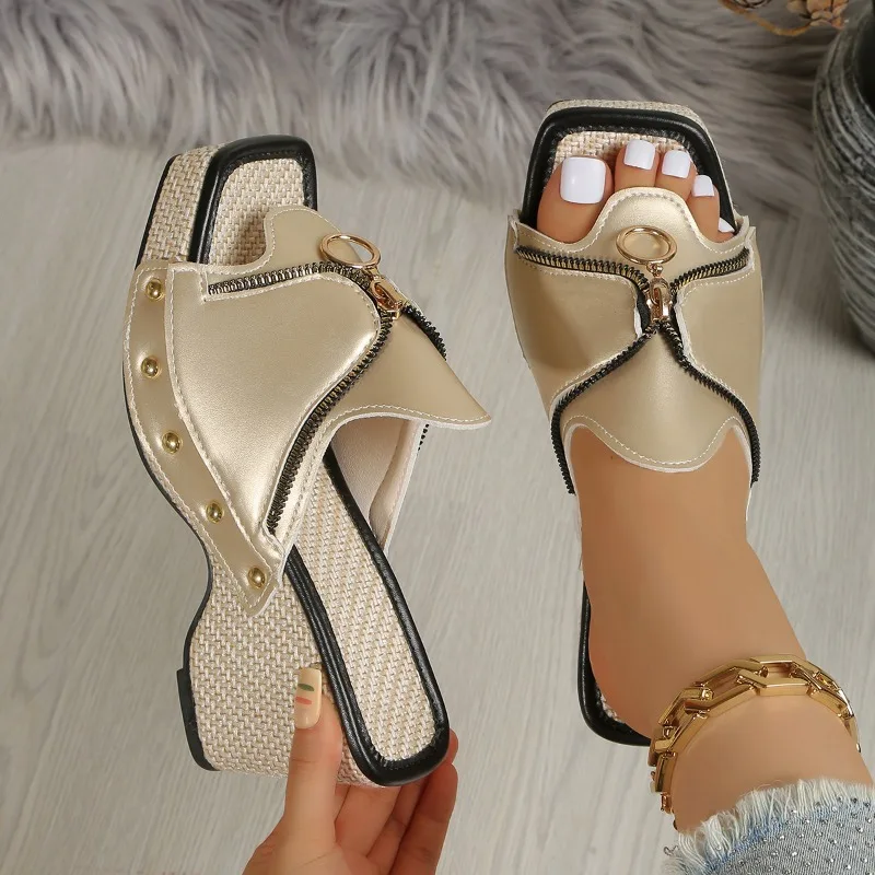 Summer 2025 New Trendy Zipper Design Women's Heeled Mules Fashion Solid Color Square Toe Comfortable Women Shoes Туфли Женские